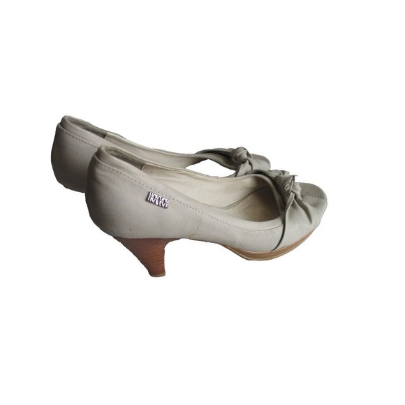 *HoyVoy Beige Taupe Leather Pumps Peep Toe Twisted Knot Vamp Stacked Heel - EU40 - Picture 3 of 10